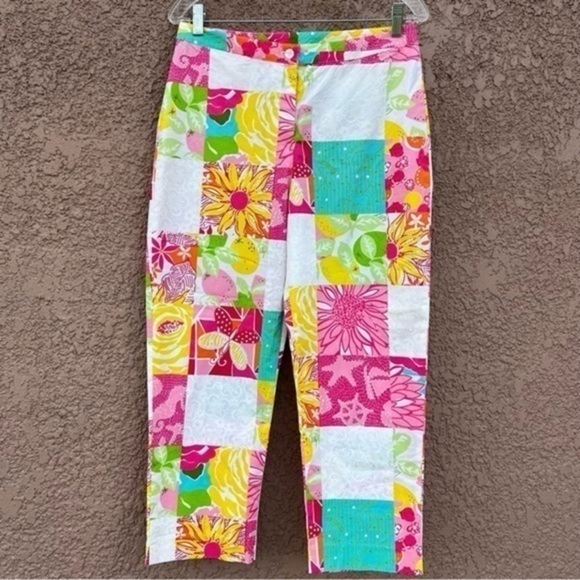 Lilly Pulitzer Women Pants 8 Preppy Retro Resort Patchwork Sunflower Fruits Art